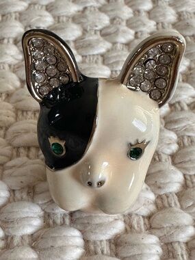 Black & White Crystal-Eared French Bulldog Ring